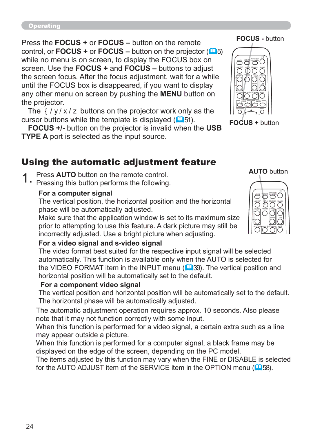 Hitachi ED-A220N user manual Using the automatic adjustment feature, Press Auto button on the remote control 