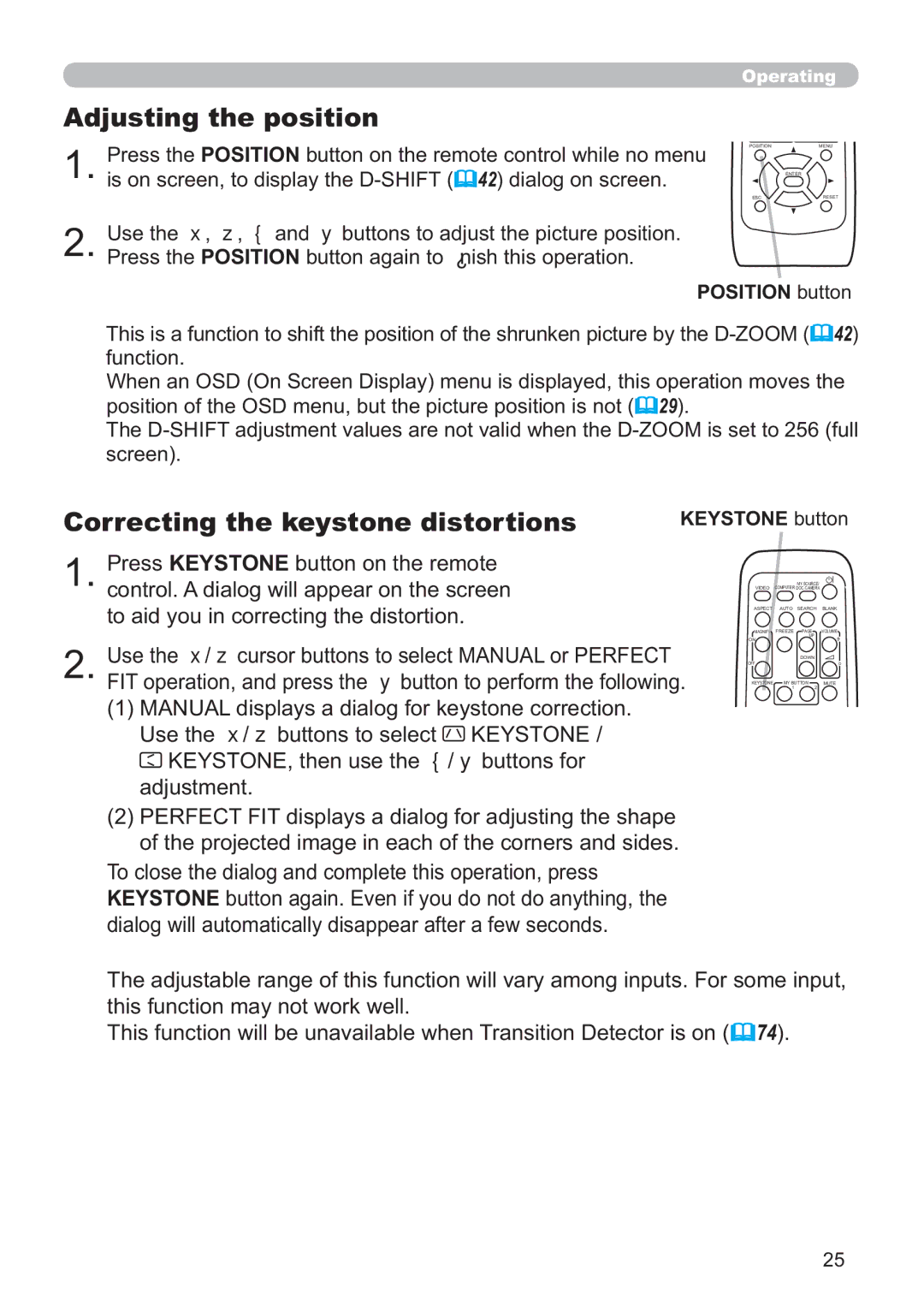 Hitachi ED-A220N user manual Adjusting the position, Correcting the keystone distortions, Position button, Keystone button 