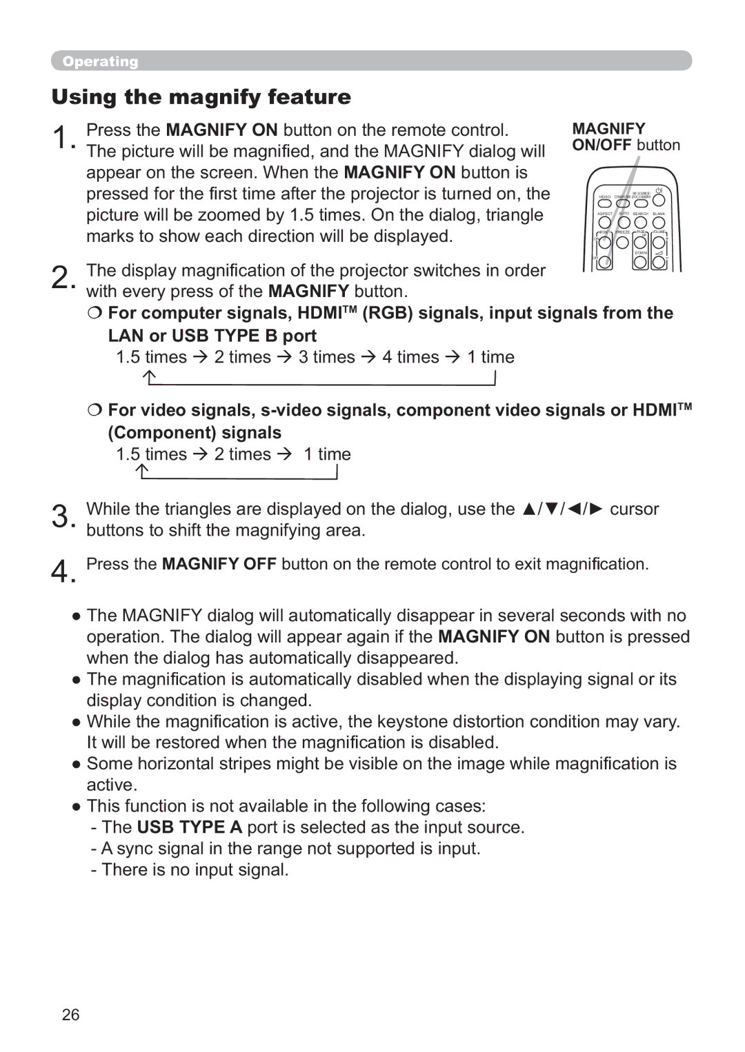 Hitachi ED-A220N user manual Using the magnify feature, Times Æ 2 times Æ 3 times Æ 4 times Æ 1 time, Magnify ON/OFF button 