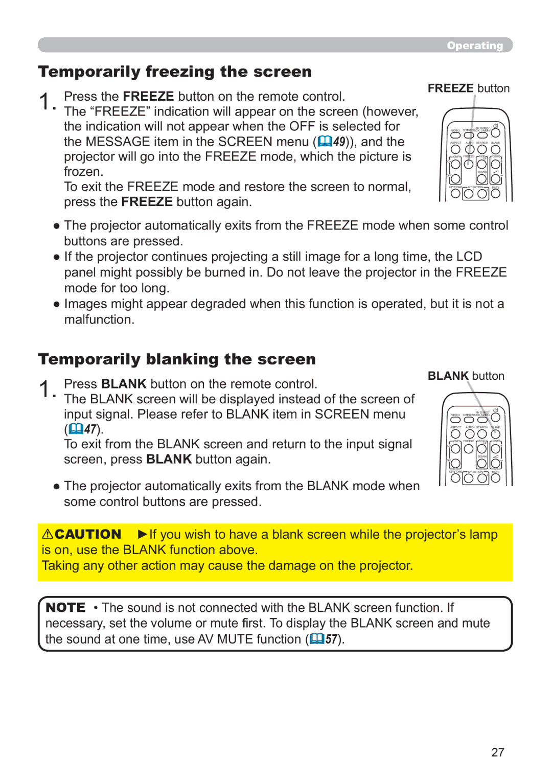 Hitachi ED-A220N user manual Temporarily freezing the screen, Temporarily blanking the screen, Freeze button, Blank button 