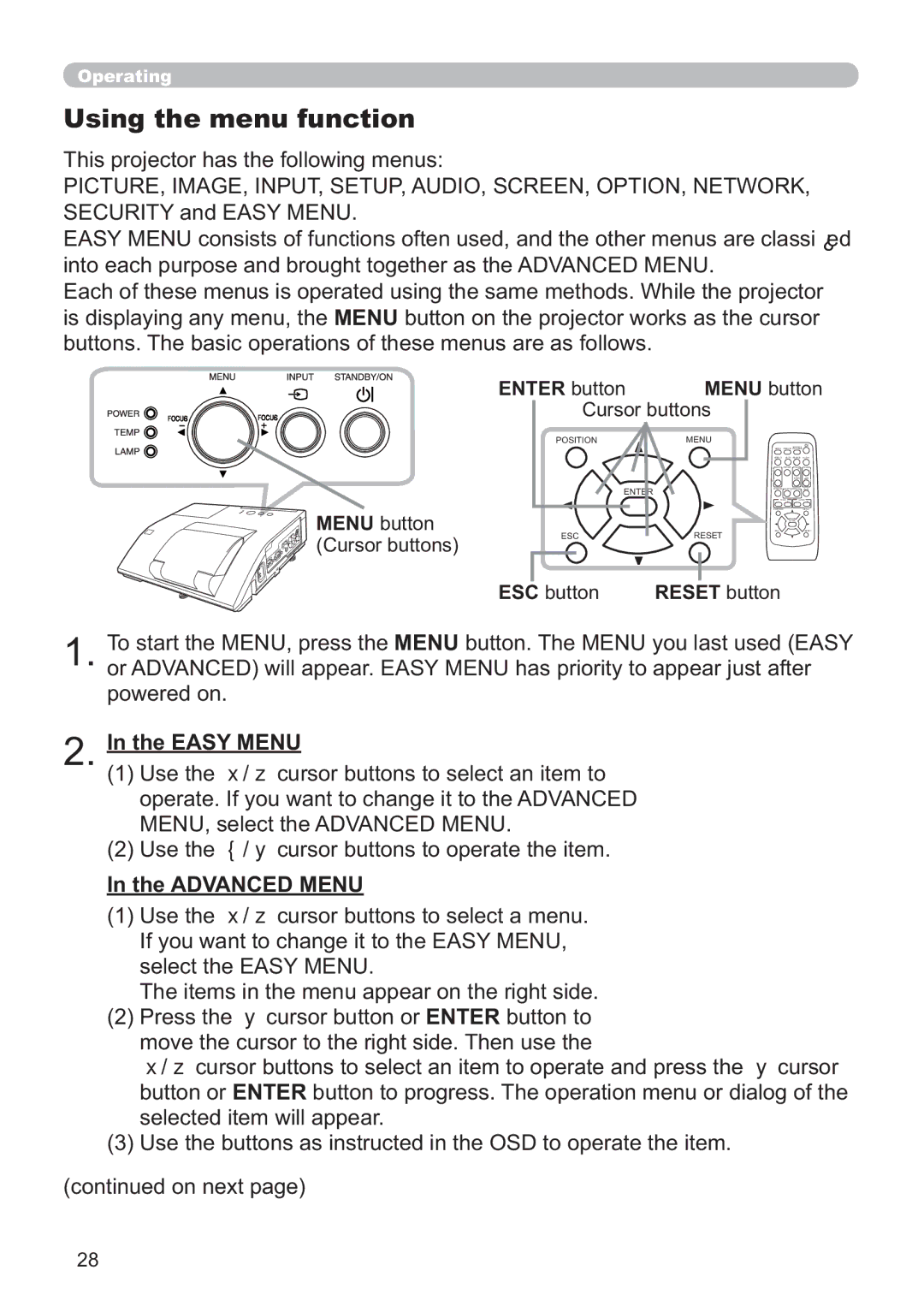 Hitachi ED-A220N user manual Using the menu function, Advanced Menu, Enter button, ESC button Reset button 