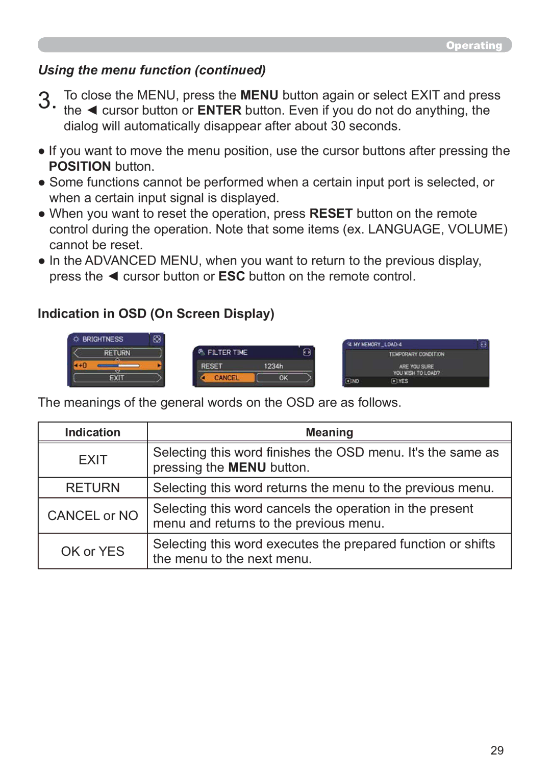 Hitachi ED-A220N user manual Using the menu function, Indication in OSD On Screen Display 