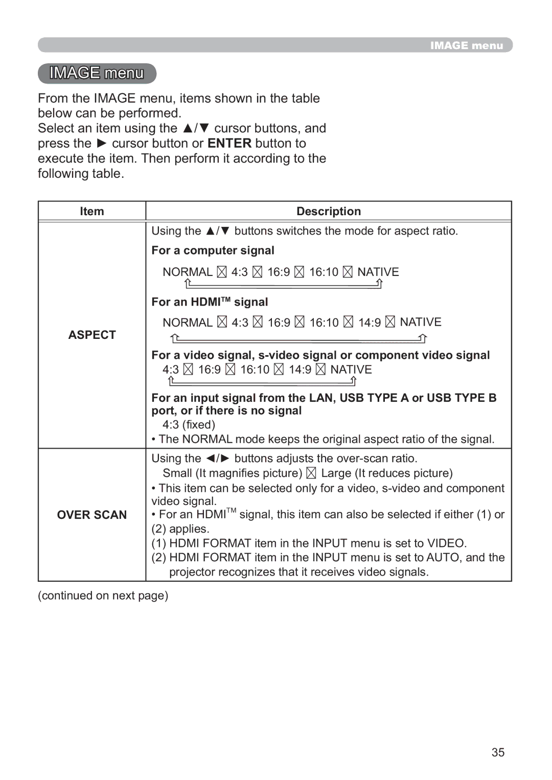 Hitachi ED-A220N user manual Image menu, For a computer signal, For an Hdmitm signal 