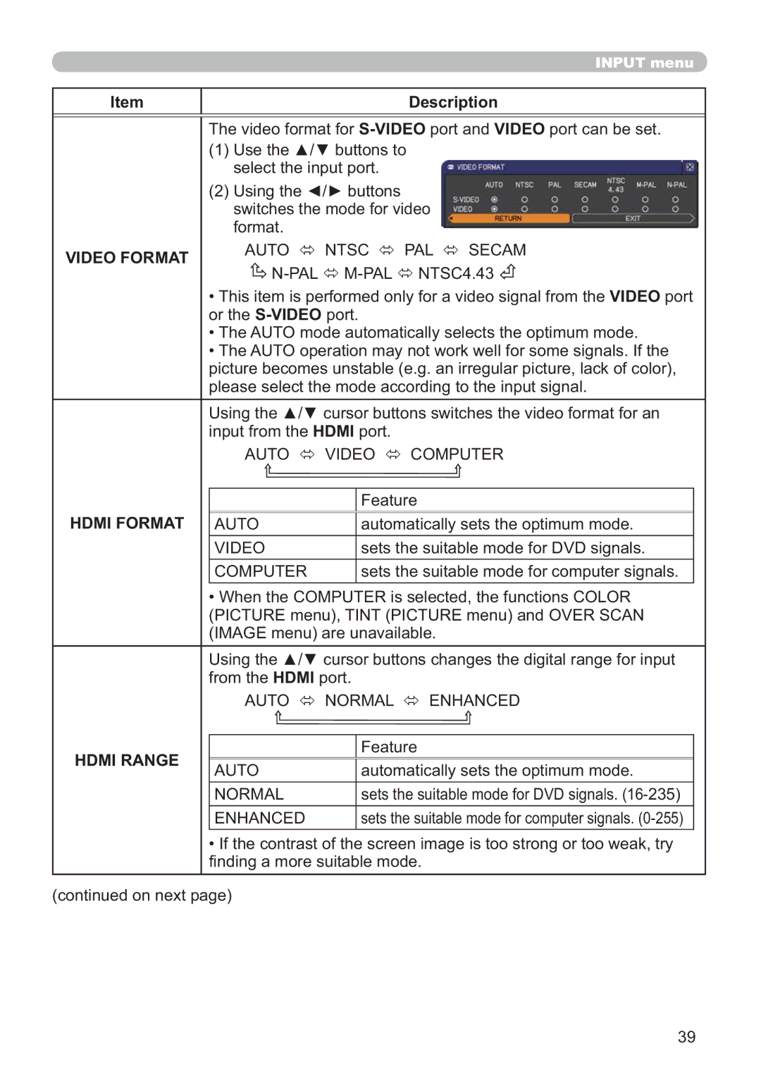 Hitachi ED-A220N user manual Video Format, Hdmi Format, Hdmi Range 