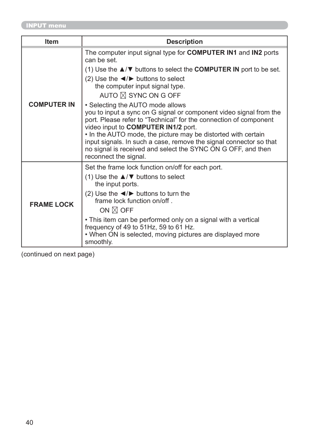 Hitachi ED-A220N user manual Auto Ù Sync on G OFF, Computer, Frame Lock, On Ù OFF 