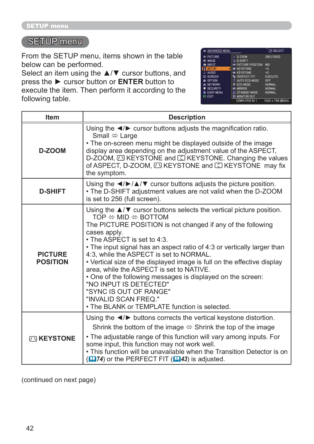 Hitachi ED-A220N Setup menu, Shift, TOP Ù MID Ù Bottom, No Input is Detected Sync is OUT of Range Invalid Scan Freq 