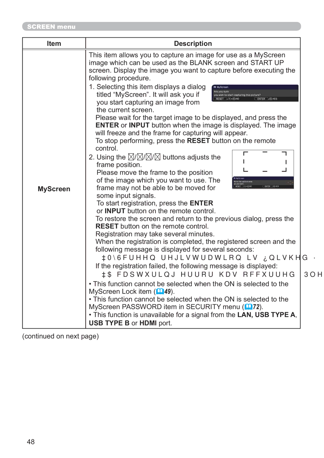 Hitachi ED-A220N user manual MyScreen registration is ﬁnished, Capturing error has occurred. Please try again 