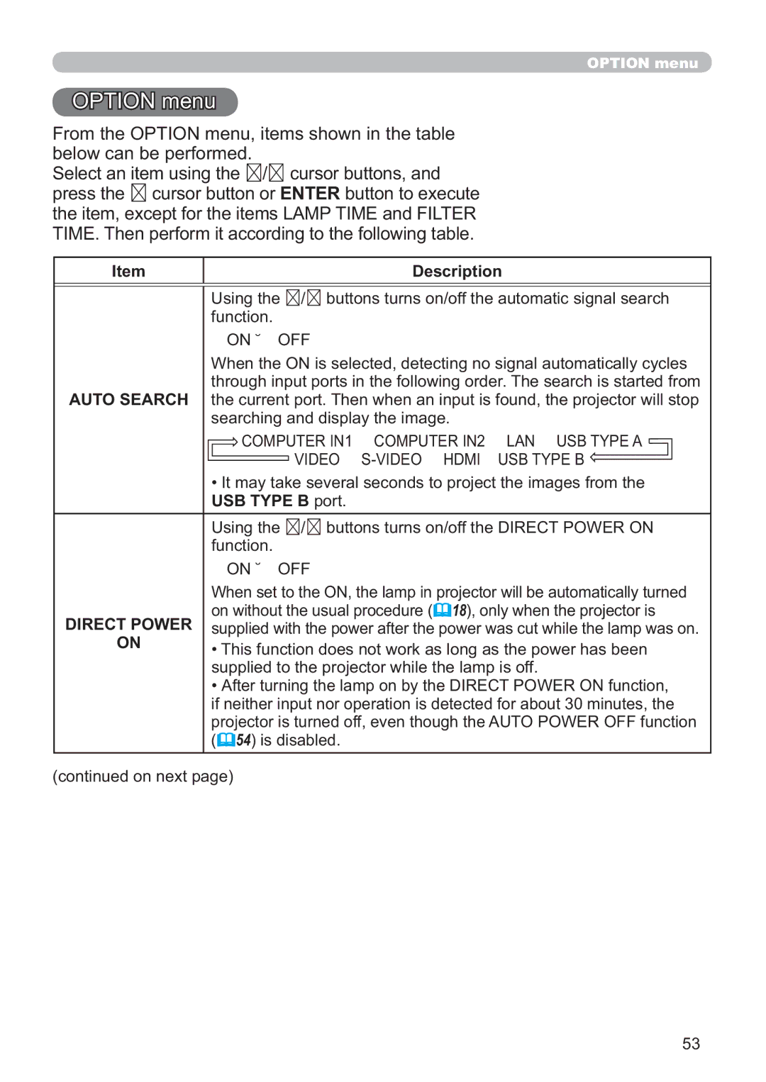 Hitachi ED-A220N user manual Option menu, Direct Power 