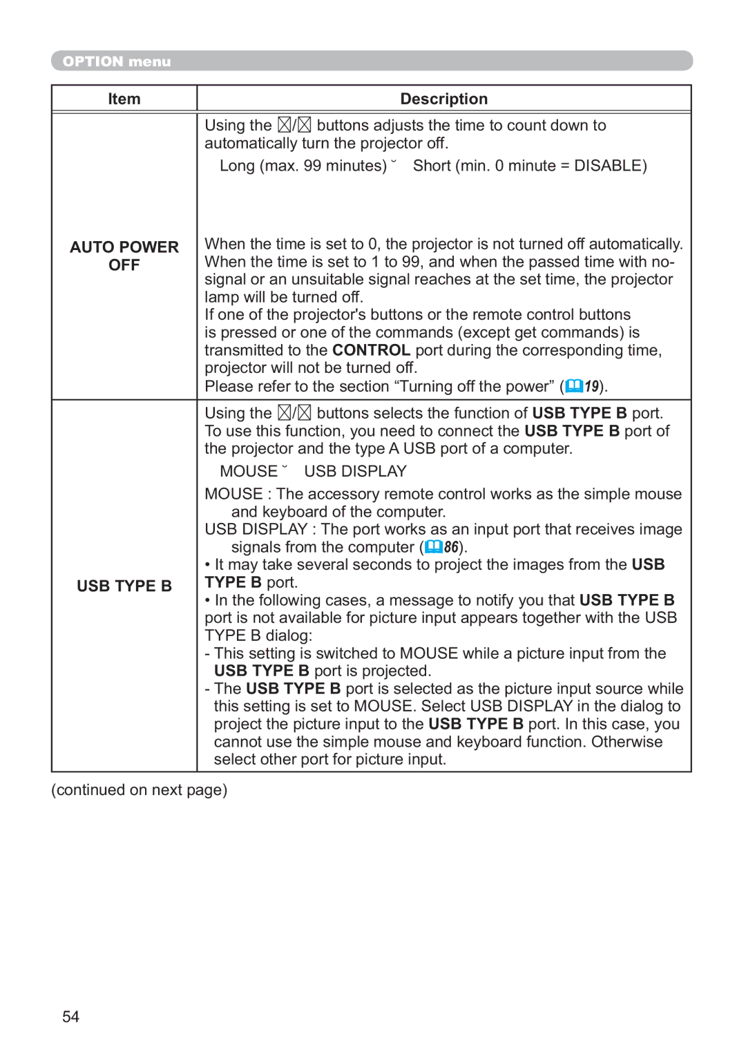 Hitachi ED-A220N user manual Auto Power, Off, Mouse Ù USB Display, USB Type B, Type B port 