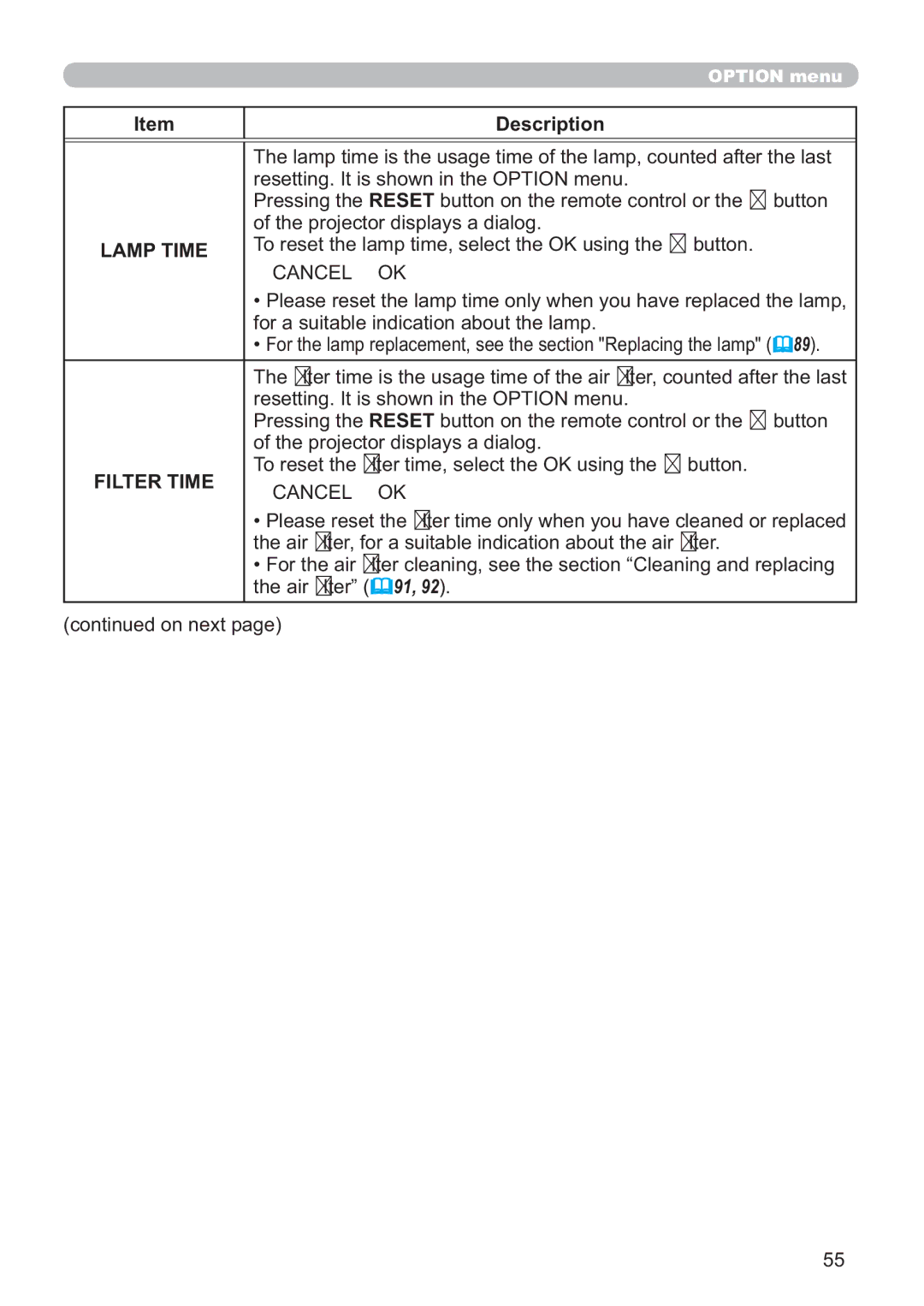 Hitachi ED-A220N user manual Lamp Time, Cancel Ö OK 