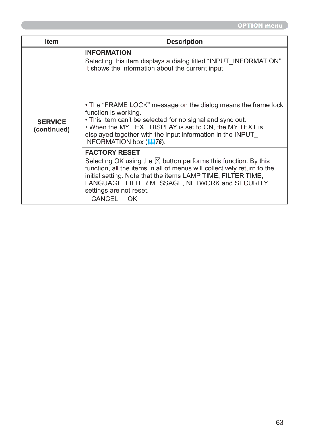 Hitachi ED-A220N user manual Information, Factory Reset 