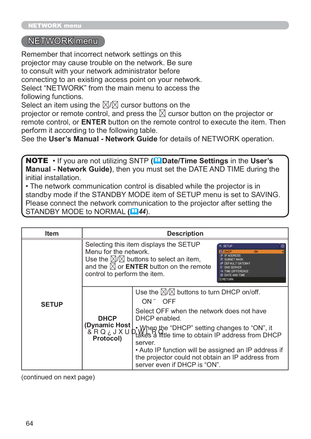 Hitachi ED-A220N user manual Network menu, Setup, Dhcp 