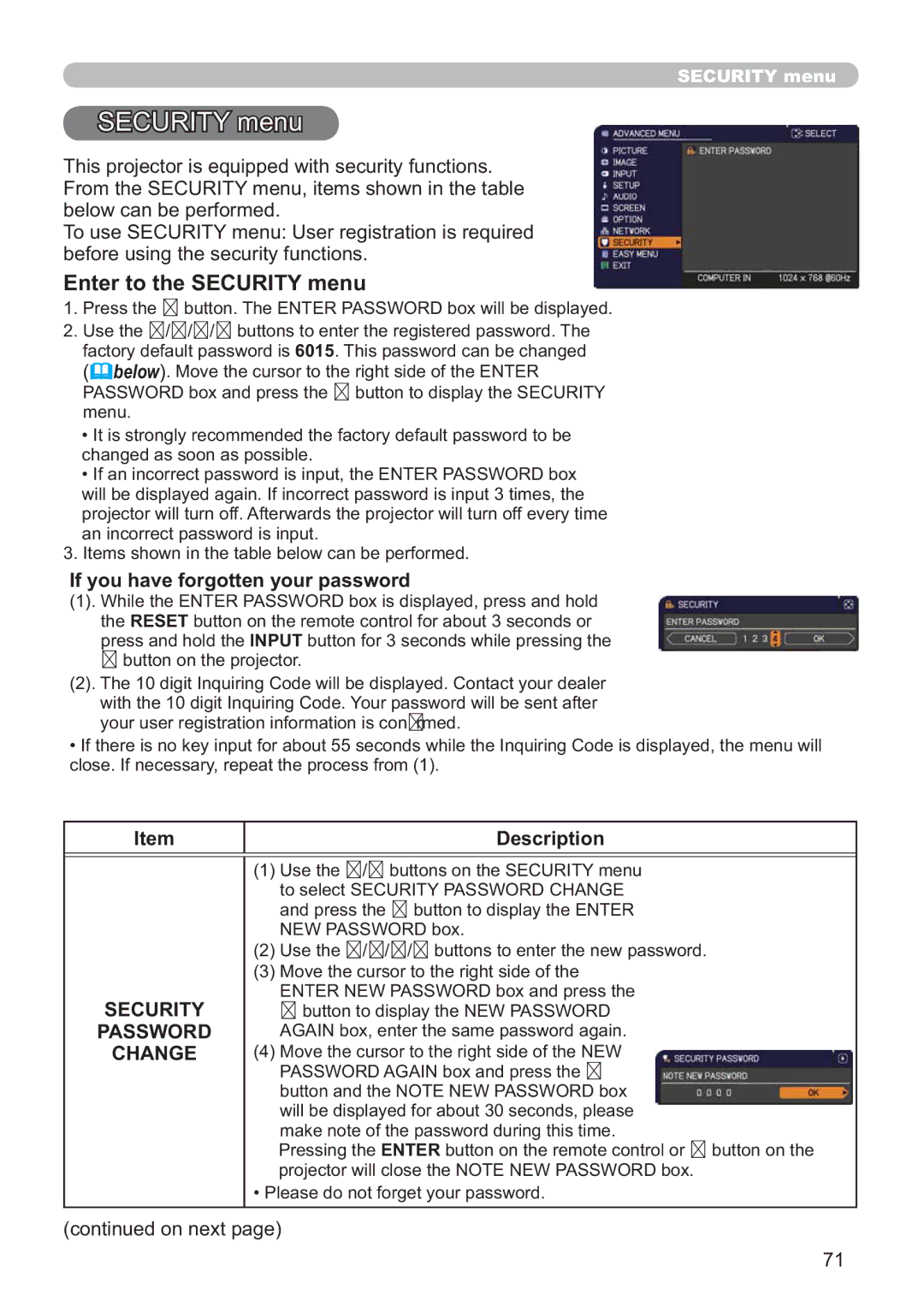 Hitachi ED-A220N user manual Enter to the Security menu, Password, Change 