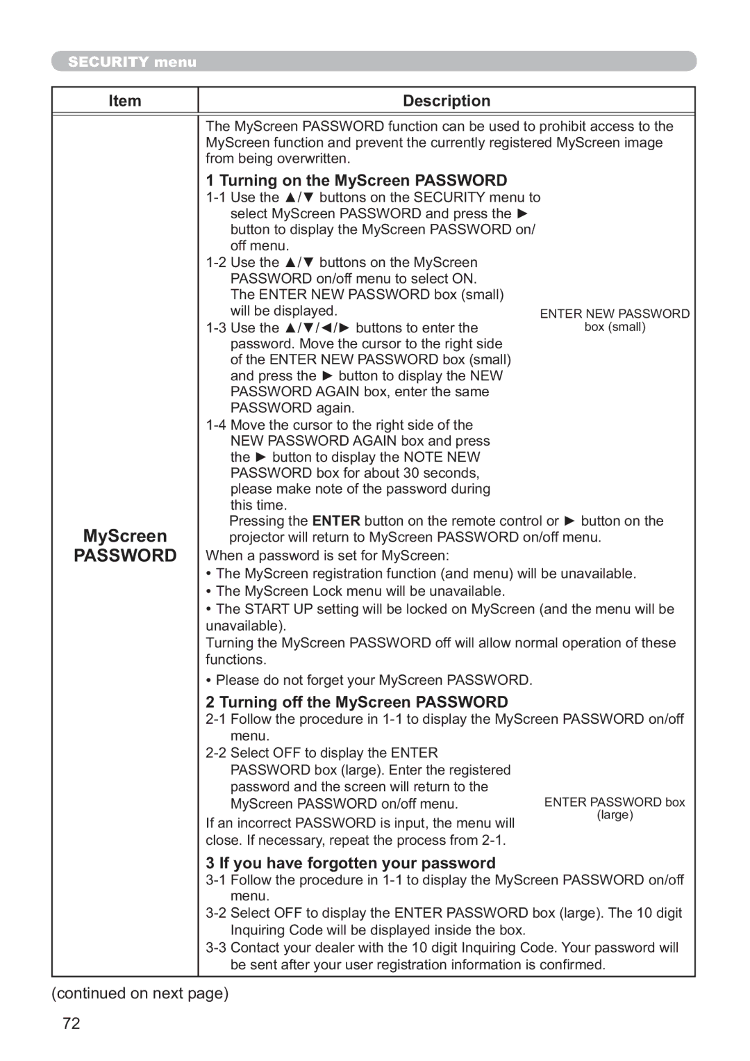 Hitachi ED-A220N user manual Turning on the MyScreen Password, Turning off the MyScreen Password 