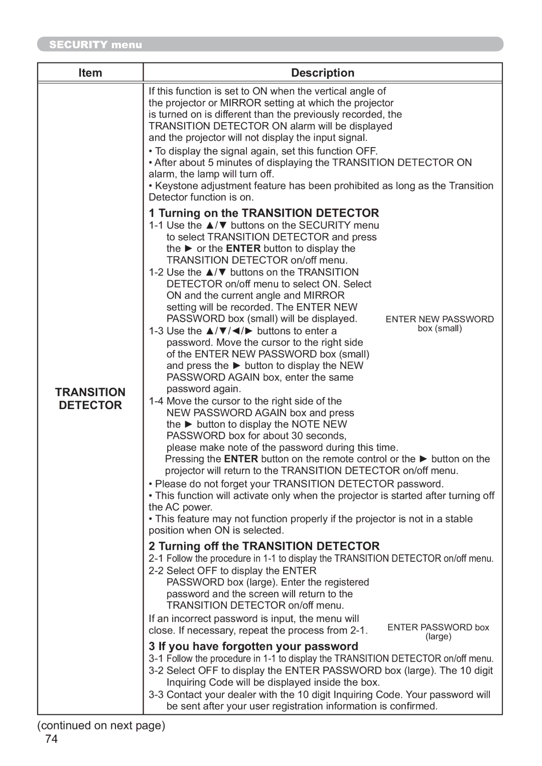 Hitachi ED-A220N user manual Turning on the Transition Detector, Turning off the Transition Detector 