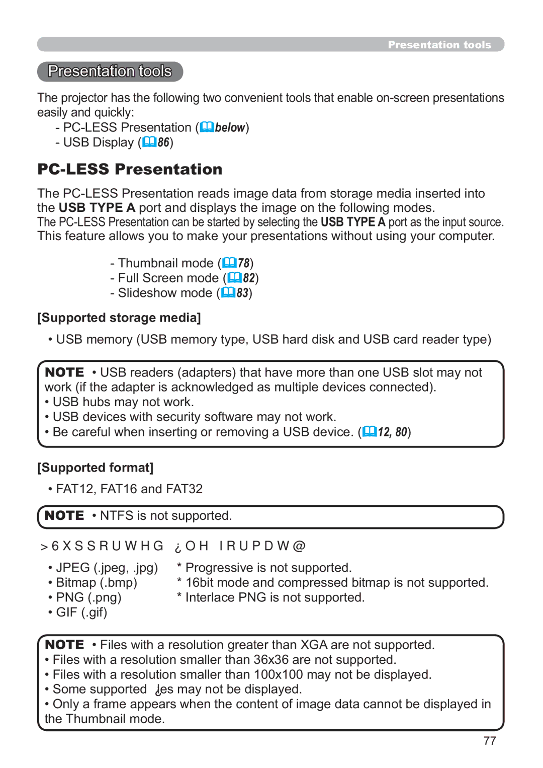 Hitachi ED-A220N Presentation tools, PC-LESS Presentation, Supported storage media, Supported format, Supported ﬁle format 