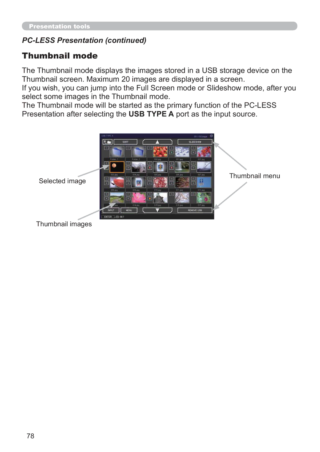 Hitachi ED-A220N user manual Thumbnail mode, PC-LESS Presentation 