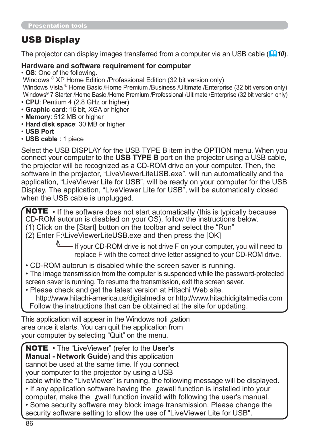 Hitachi ED-A220N user manual USB Display, Hardware and software requirement for computer, USB Port USB cable 1 piece 