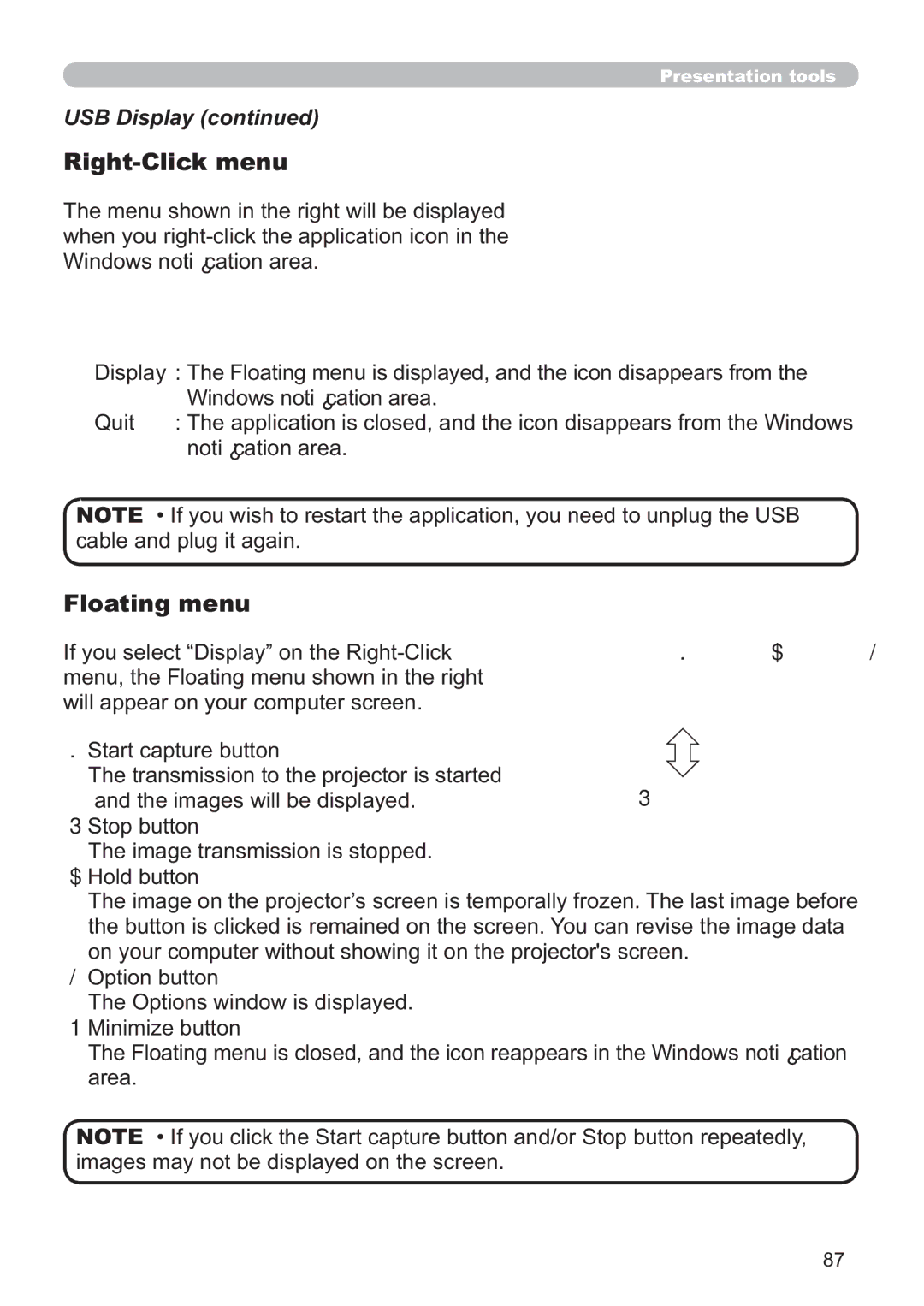 Hitachi ED-A220N user manual Right-Click menu, USB Display 