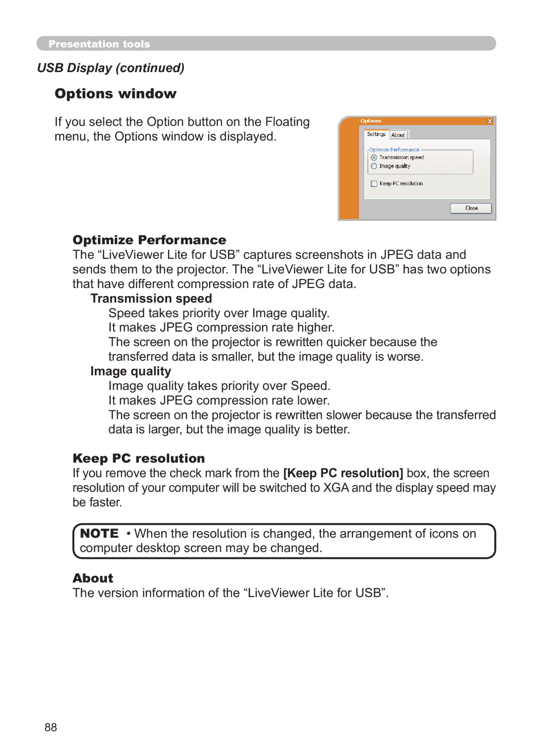 Hitachi ED-A220N user manual Optimize Performance, Transmission speed, Image quality, Keep PC resolution, About 