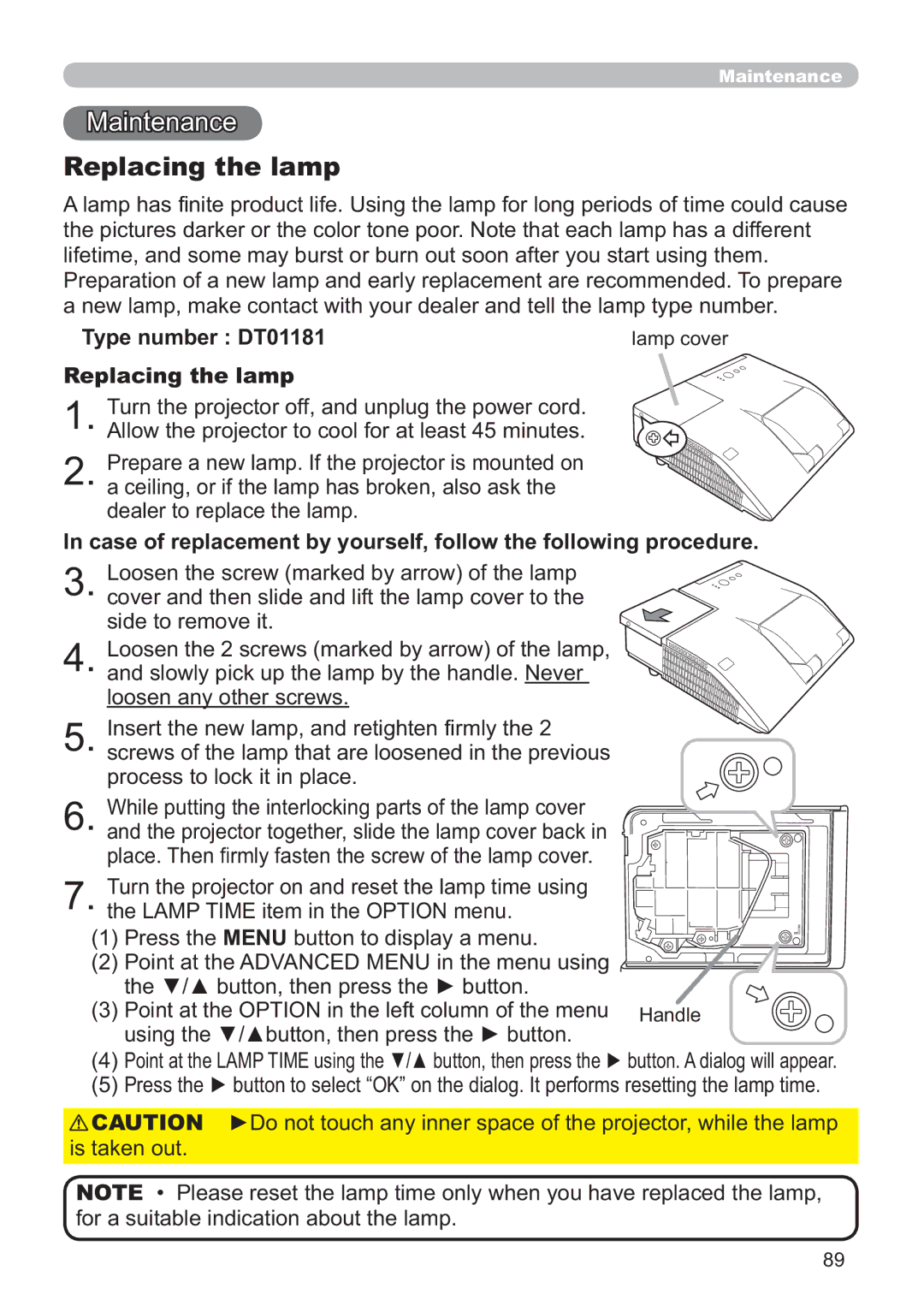 Hitachi ED-A220N user manual Maintenance, Replacing the lamp, Type number DT01181 