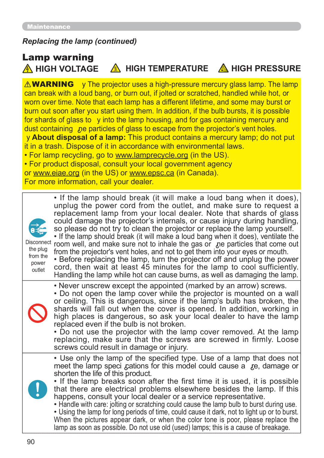 Hitachi ED-A220N user manual Lamp warning, Replacing the lamp, Replaced even if the bulb is not broken 