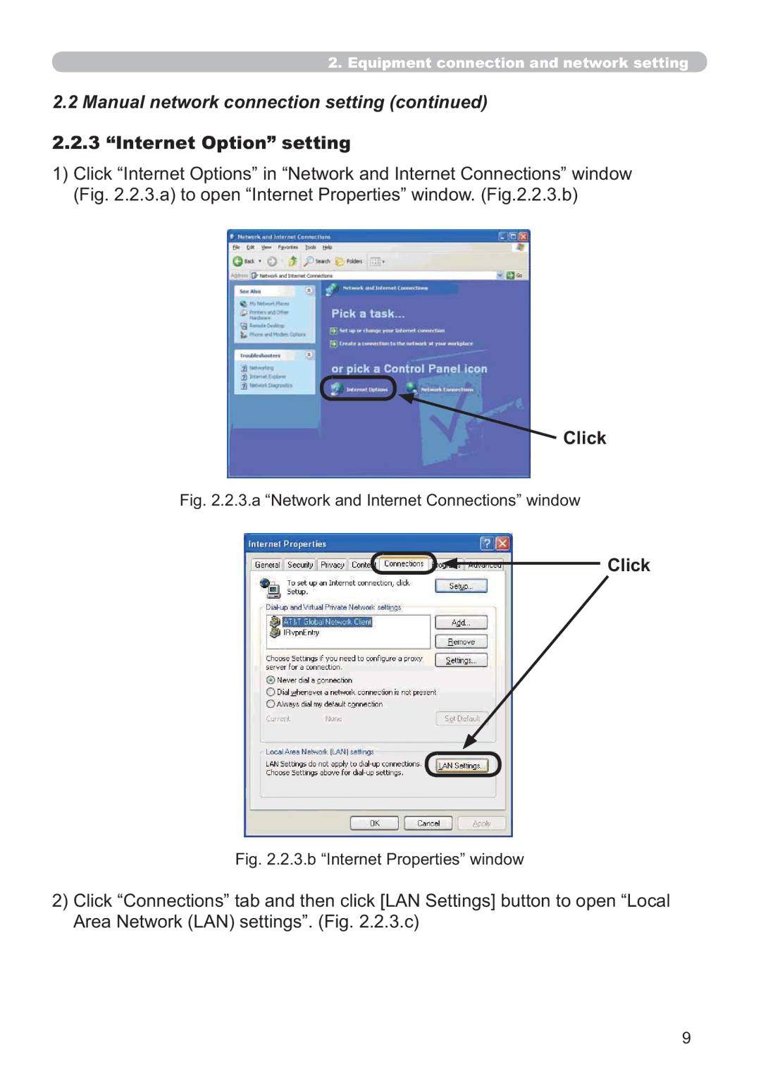 Hitachi ED-AW110N user manual Internet Option setting, Click, LJD³1HWZRUNDQG,QWHUQHW&RQQHFWLRQV´ZLQGRZ 