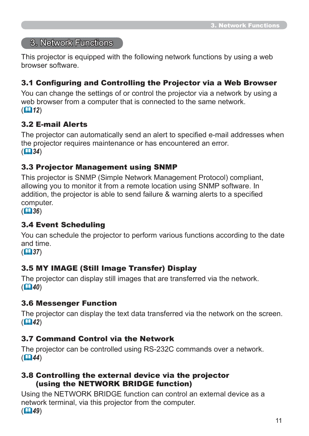 Hitachi ED-AW110N 1HWZRUNXQFWLRQV, Mail Alerts, Projector Management using Snmp, MY Image Still Image Transfer Display 