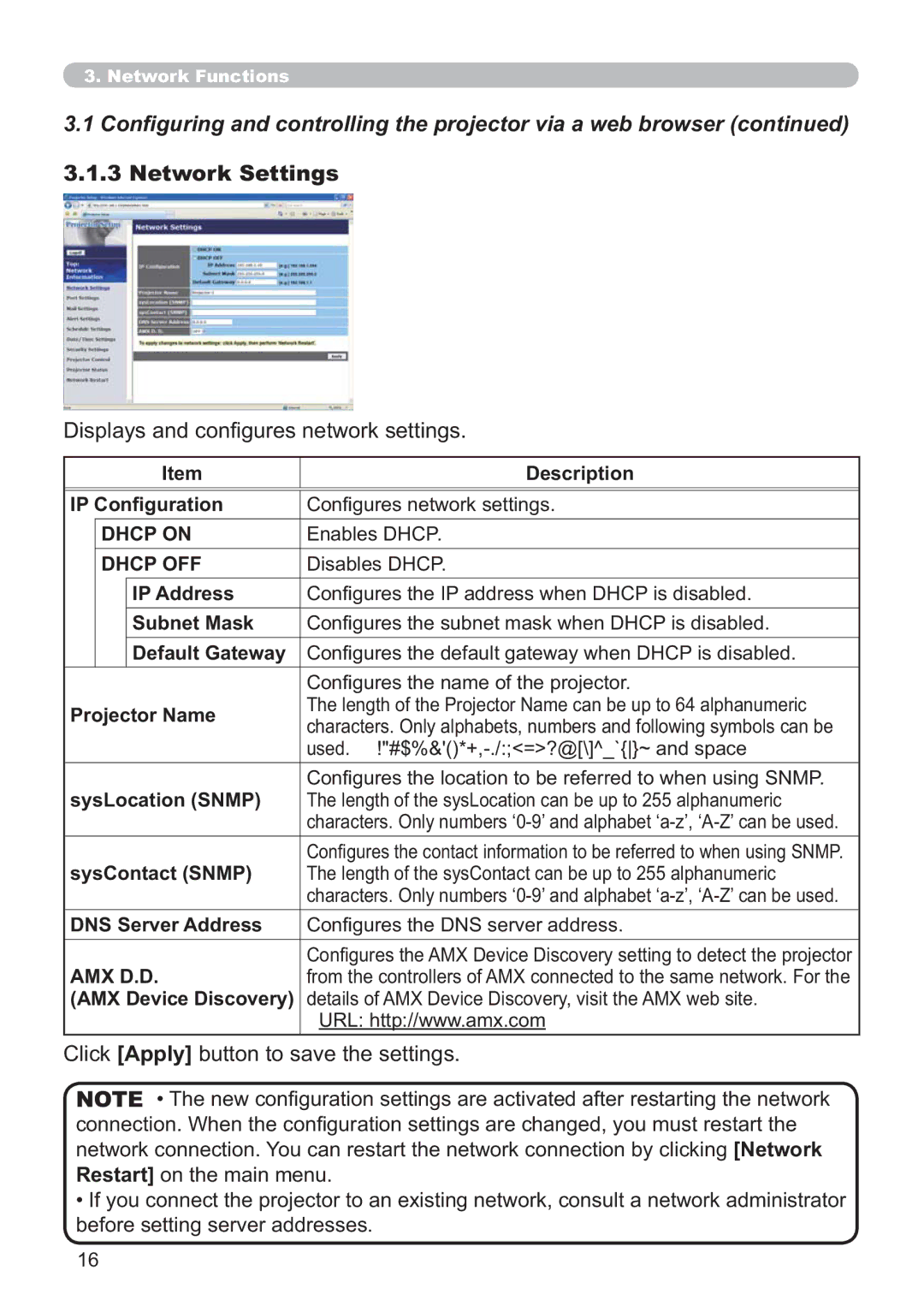 Hitachi ED-AW110N user manual Lvsod\VDqgFrq¿JxuhvQhwzrunVhwwlqjv, OLFNApplyEXWWRQWRVDYHWKHVHWWLQJV 