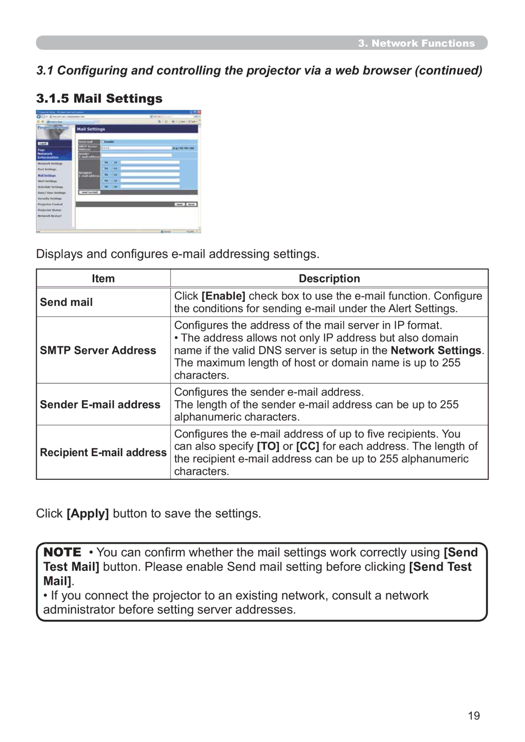 Hitachi ED-AW110N user manual Mail Settings, Lvsod\VDqgFrq¿JxuhvHPdloDgguhvvlqjVhwwlqjv 