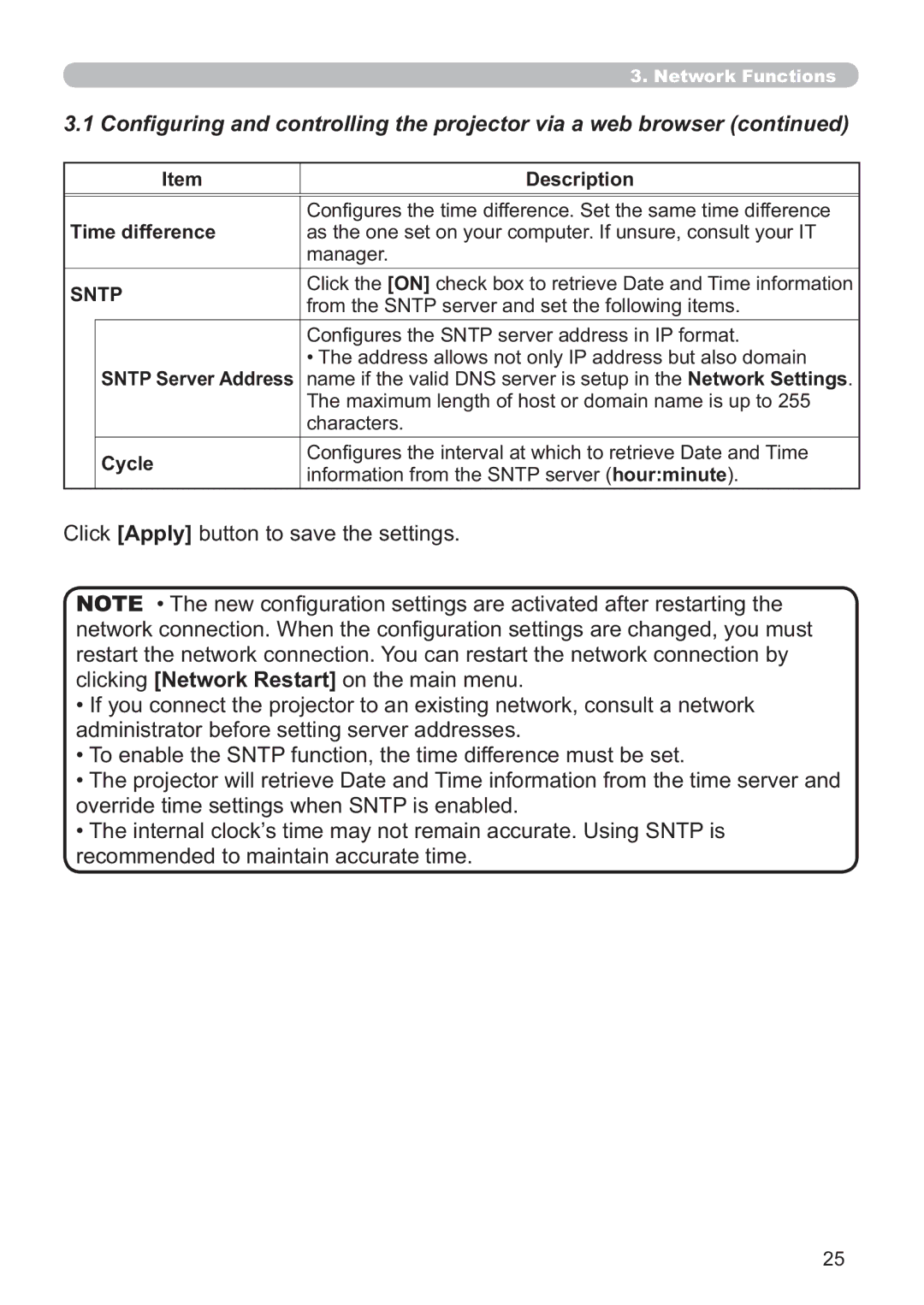 Hitachi ED-AW110N Description Time difference, Pdqdjhu, Sntp, Cycle, RQ¿JXUHVWKH6173VHUYHUDGGUHVVLQ,3IRUPDW 