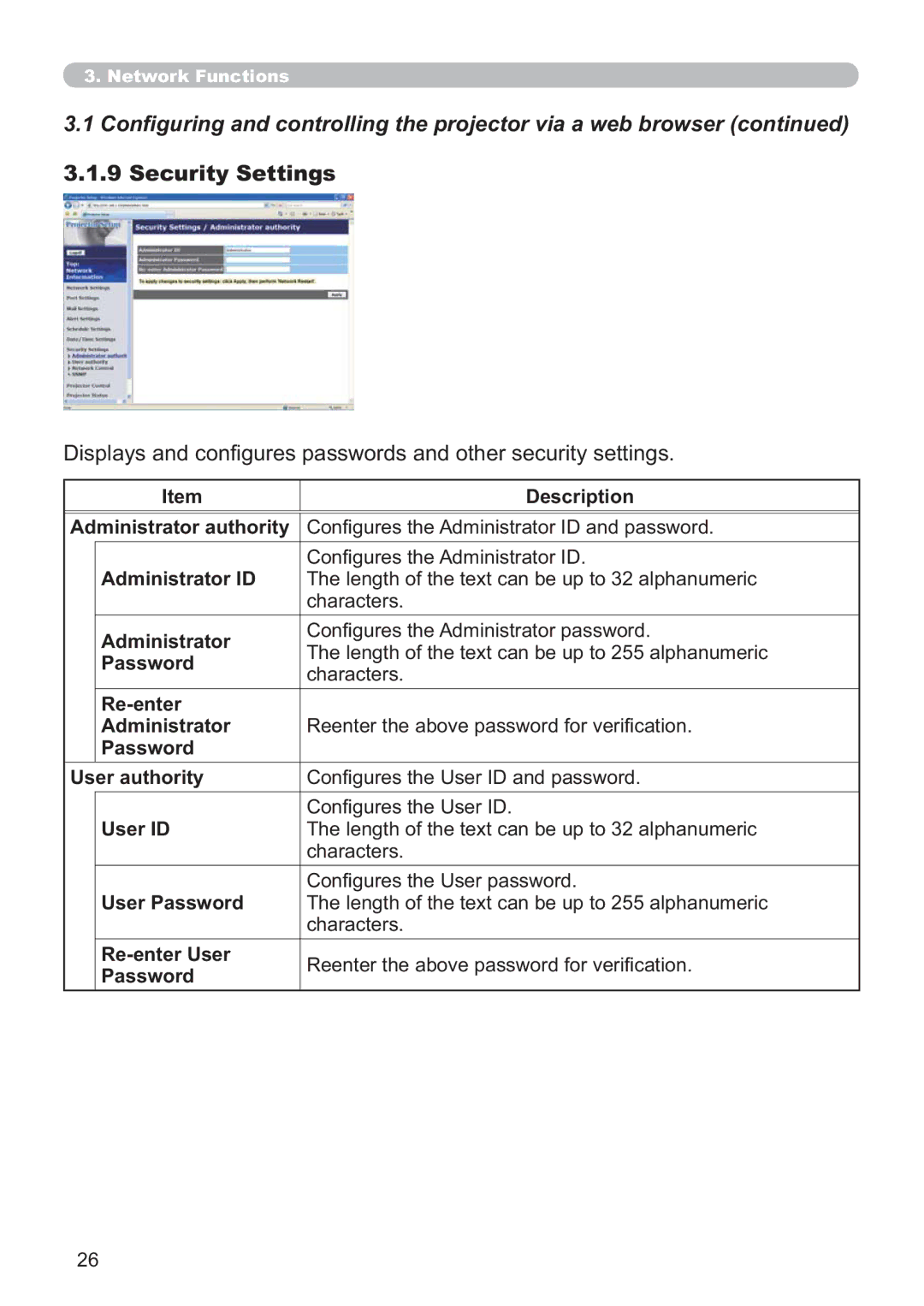 Hitachi ED-AW110N user manual Security Settings 