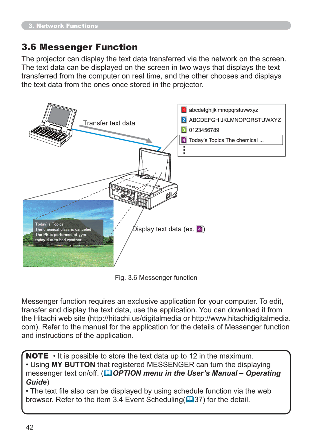 Hitachi ED-AW110N user manual 7UDQVIHUWHWGDWD2, LJ0HVVHQJHUIXQFWLRQ 