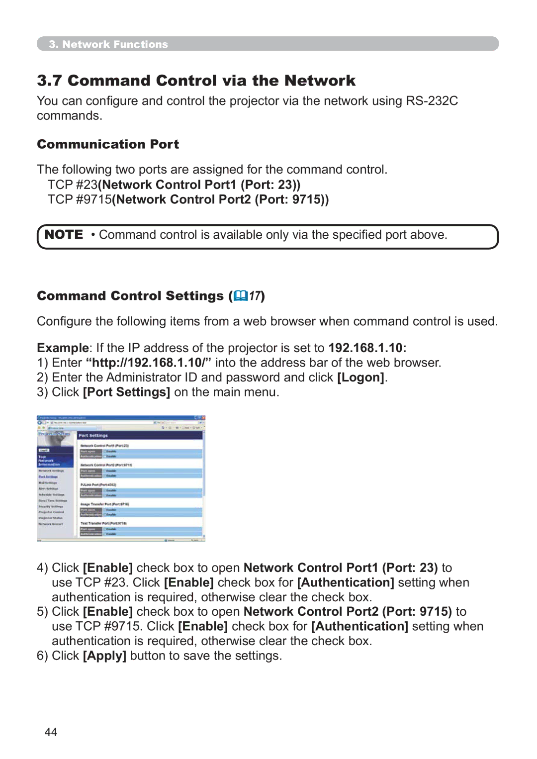 Hitachi ED-AW110N user manual Frppdqgv, Communication Port, Command Control Settings 