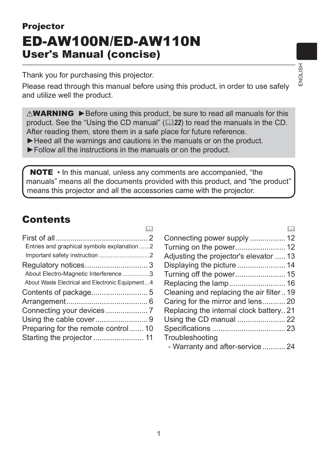 Hitachi ED-AW110N user manual Contents 