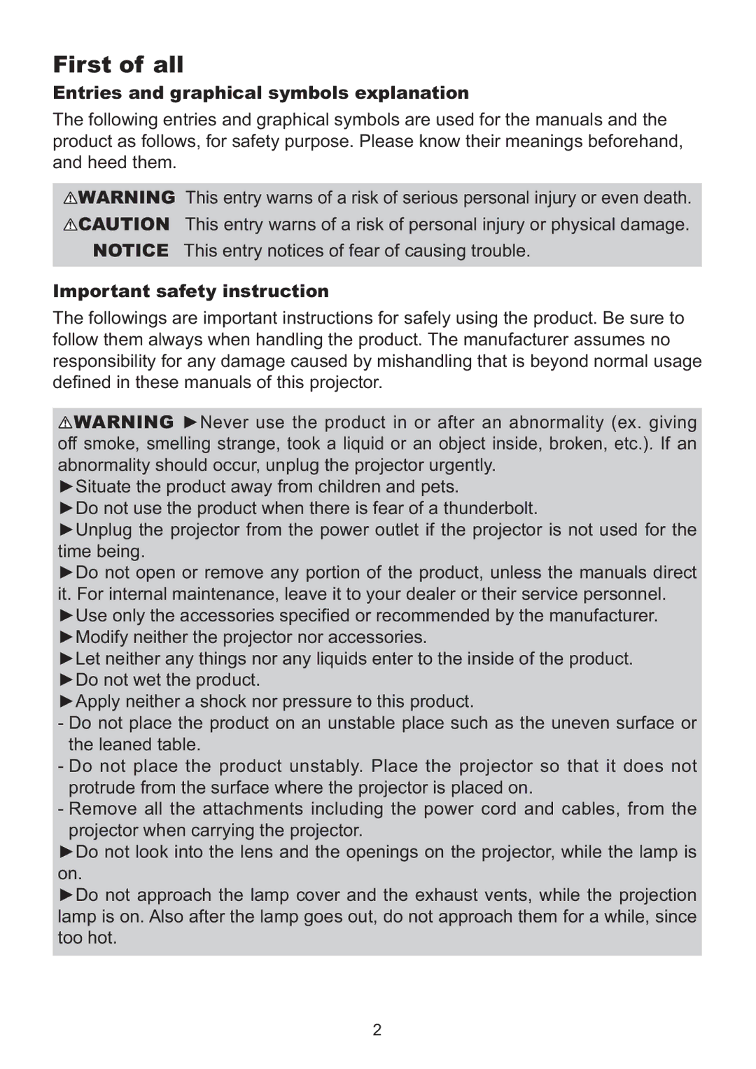 Hitachi ED-AW110N user manual First of all, Entries and graphical symbols explanation, Important safety instruction 