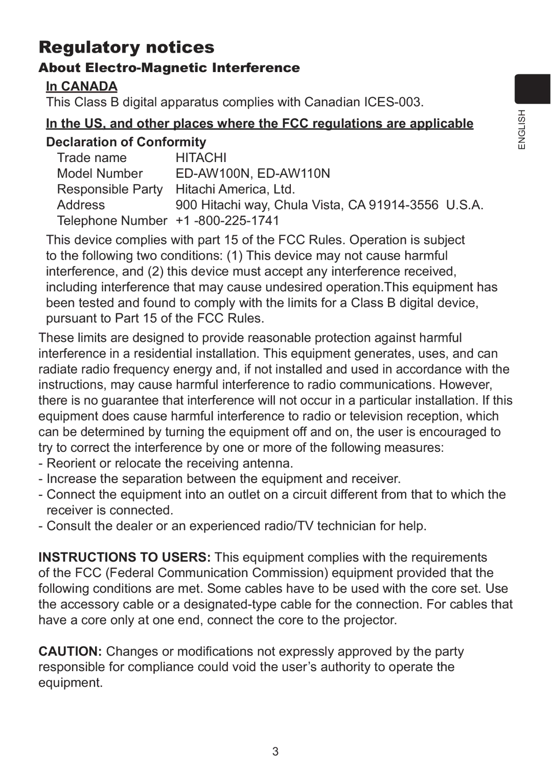 Hitachi ED-AW110N user manual Regulatory notices, About Electro-Magnetic Interference Canada, Trade name, Hitachi 