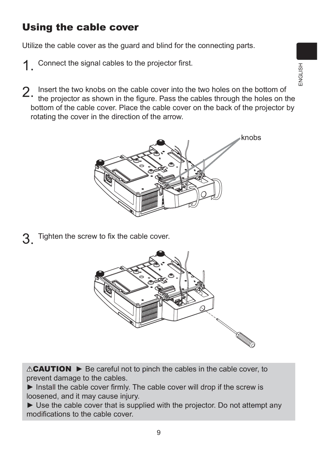 Hitachi ED-AW110N user manual RqqhfwWkhVljqdoFdeohvWrWkhSurmhfwru¿Uvw, 7LJKWHQWKHVFUHZWR¿WKHFDEOHFRYHU 