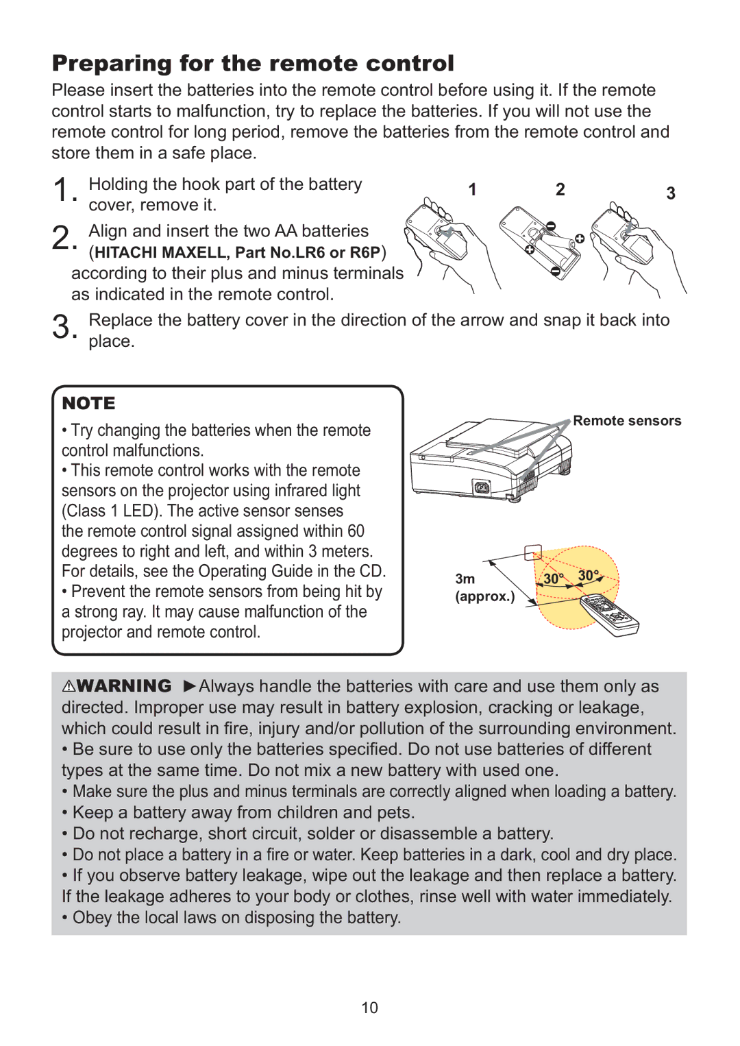 Hitachi ED-AW110N user manual Preparing for the remote control, Holding the hook part of the battery Cover, remove it 