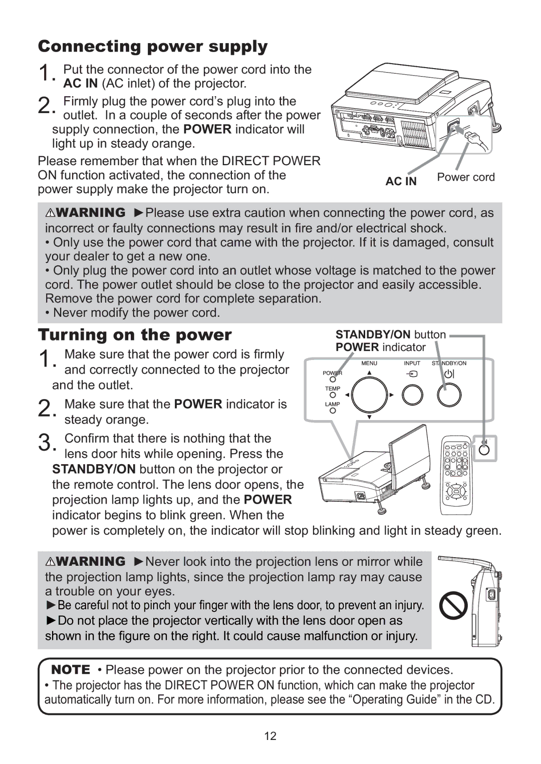 Hitachi ED-AW110N Power supply make the projector turn on, Outlet Make sure that the Power indicator is steady orange 