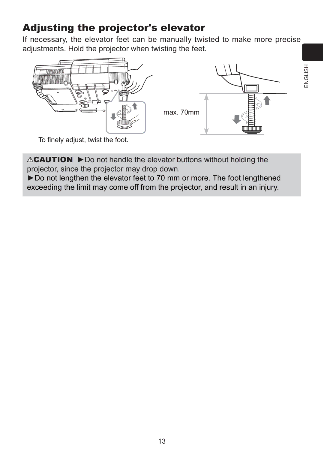 Hitachi ED-AW110N user manual Adjusting the projectors elevator, Max mm, 7R¿QHO\DGMXVWWZLVWWKHIRRW 