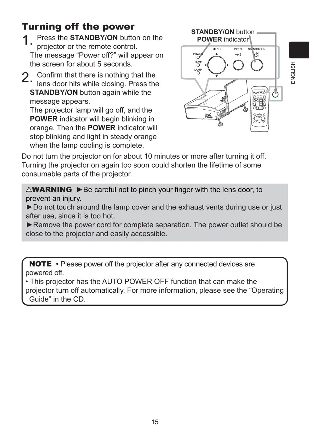 Hitachi ED-AW110N user manual STANDBY/ON button, Power indicator 