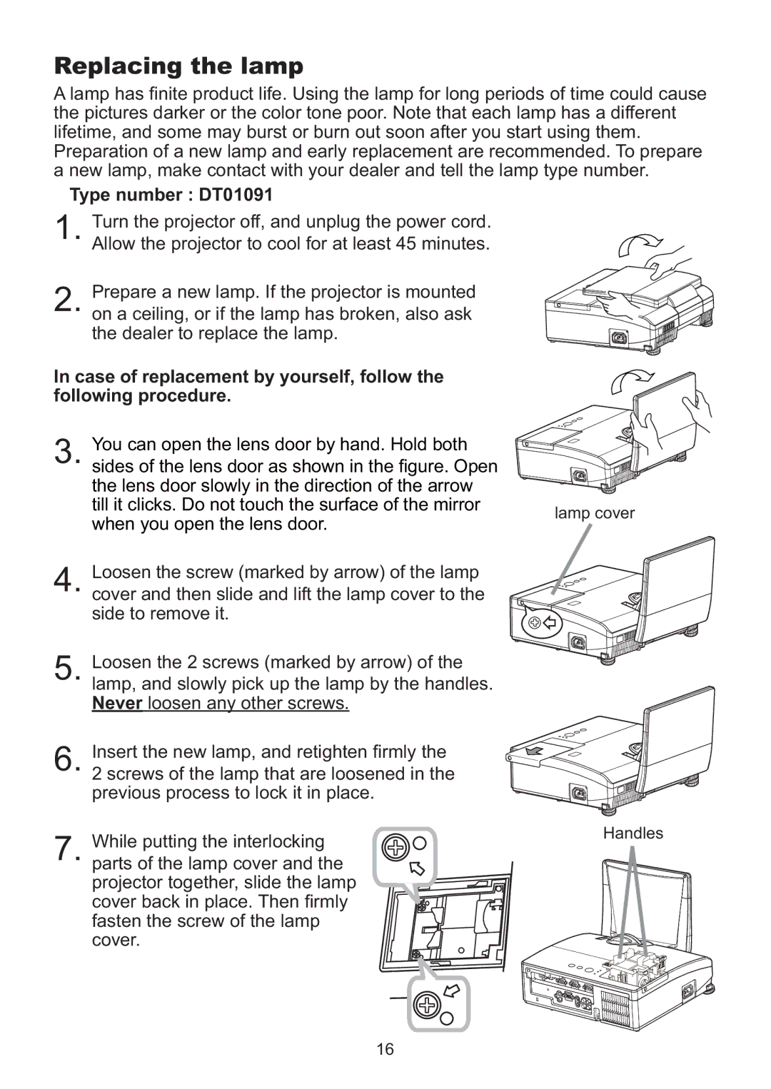 Hitachi ED-AW110N user manual Replacing the lamp, Lamp cover Handles 