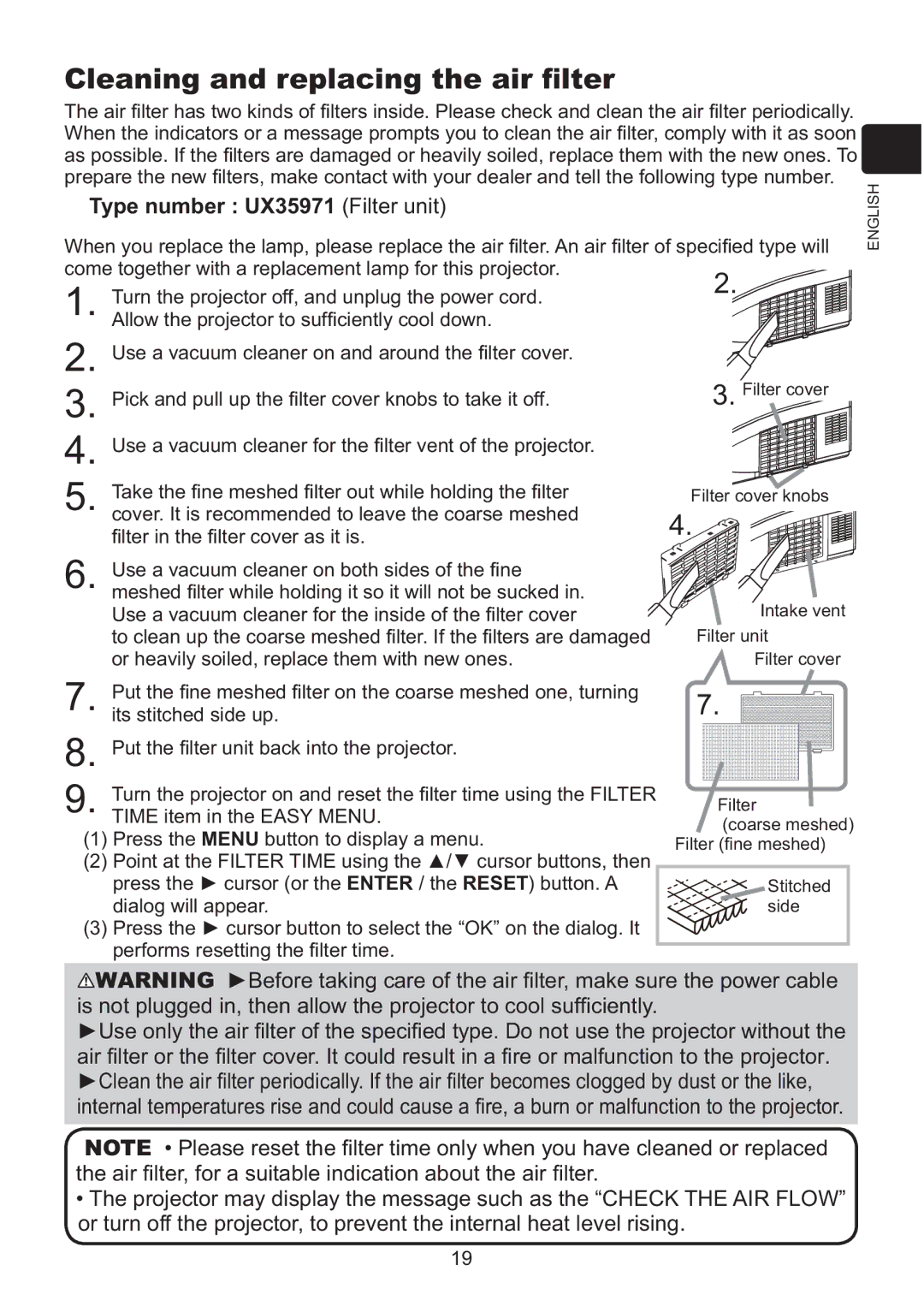 Hitachi ED-AW110N user manual 3XWWKH¿OWHUXQLWEDFNLQWRWKHSURMHFWRU, ShuirupvUhvhwwlqjWkh¿OwhuWlph 