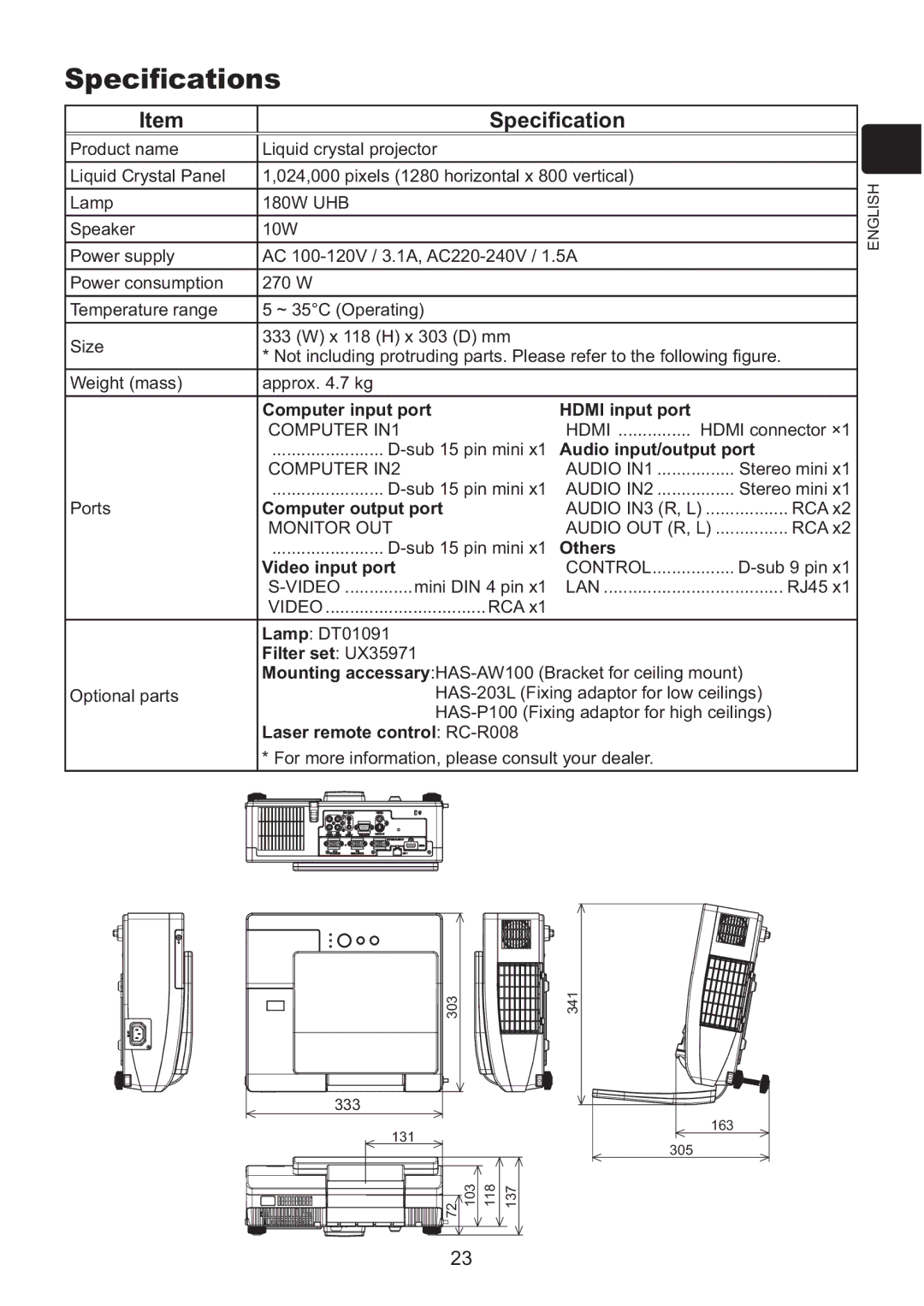 Hitachi ED-AW110N user manual 6SHFLÀFDWLRQV, Hdmi 