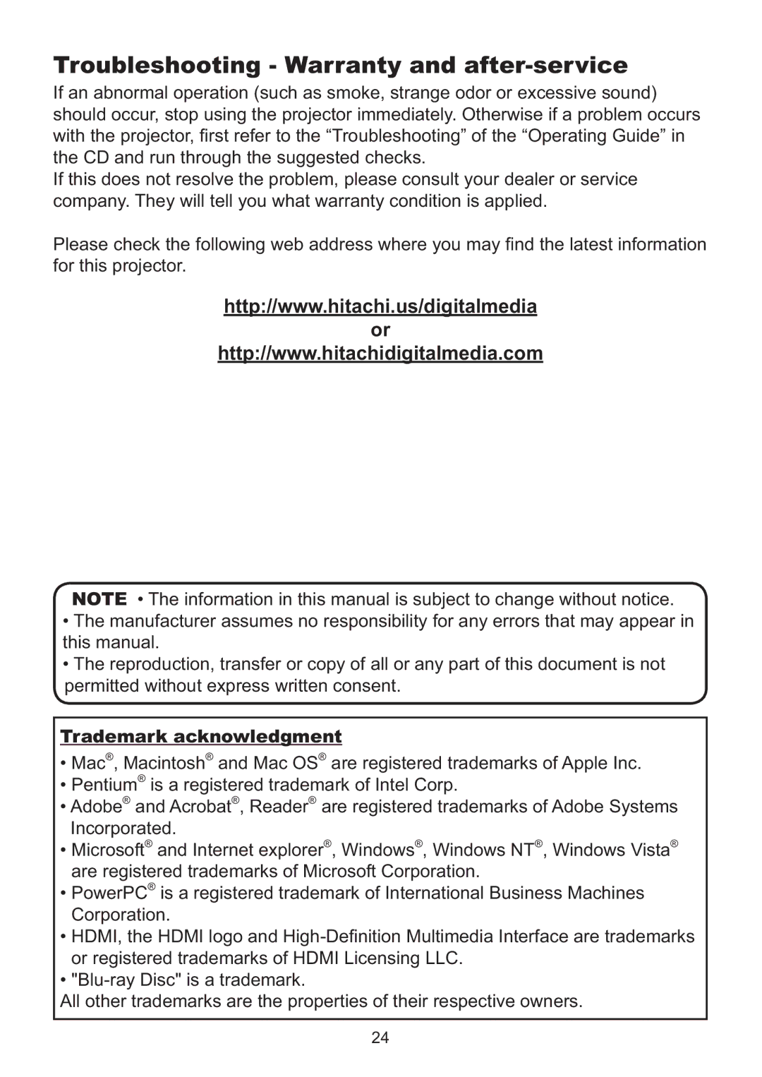 Hitachi ED-AW110N user manual Troubleshooting Warranty and after-service, For this projector This manual, Corporation 