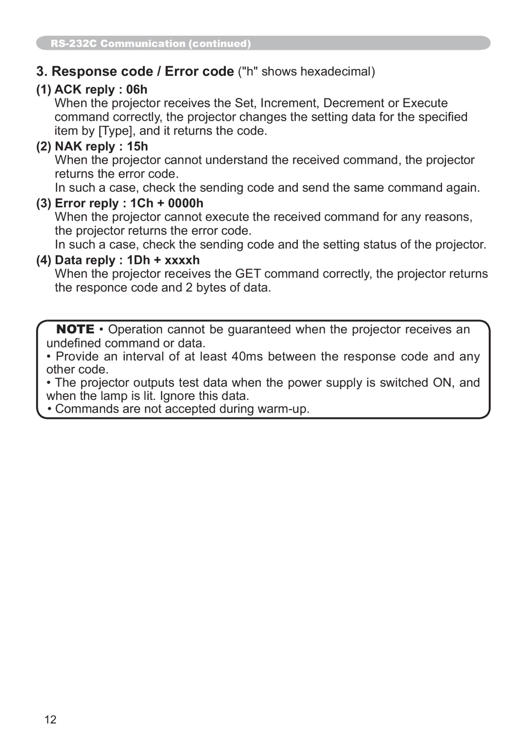 Hitachi ED-AW110N user manual ACK reply 06h, NAK reply 15h, Error reply 1Ch + 0000h, Data reply 1Dh + xxxxh 