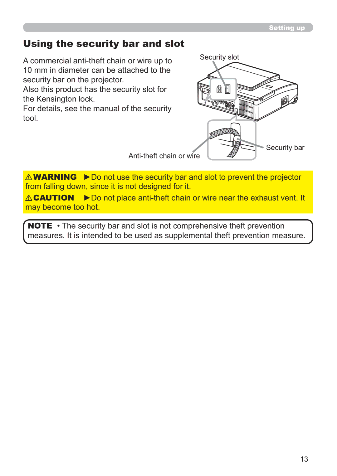 Hitachi ED-AW110N user manual Using the security bar and slot, 6HFXULW\EDU $QWLWKHIWFKDLQRUZLUH 