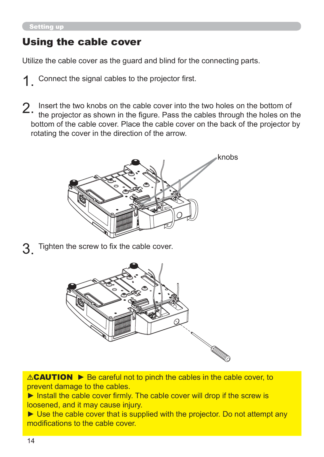 Hitachi ED-AW110N user manual Using the cable cover, &RqqhfwWkhVljqdoFdeohvWrWkhSurmhfwru¿Uvw 