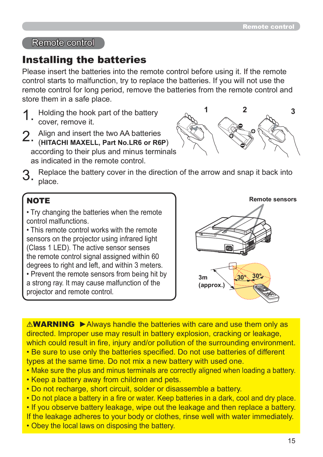 Hitachi ED-AW110N user manual Installing the batteries, 5HPRWHFRQWURO 